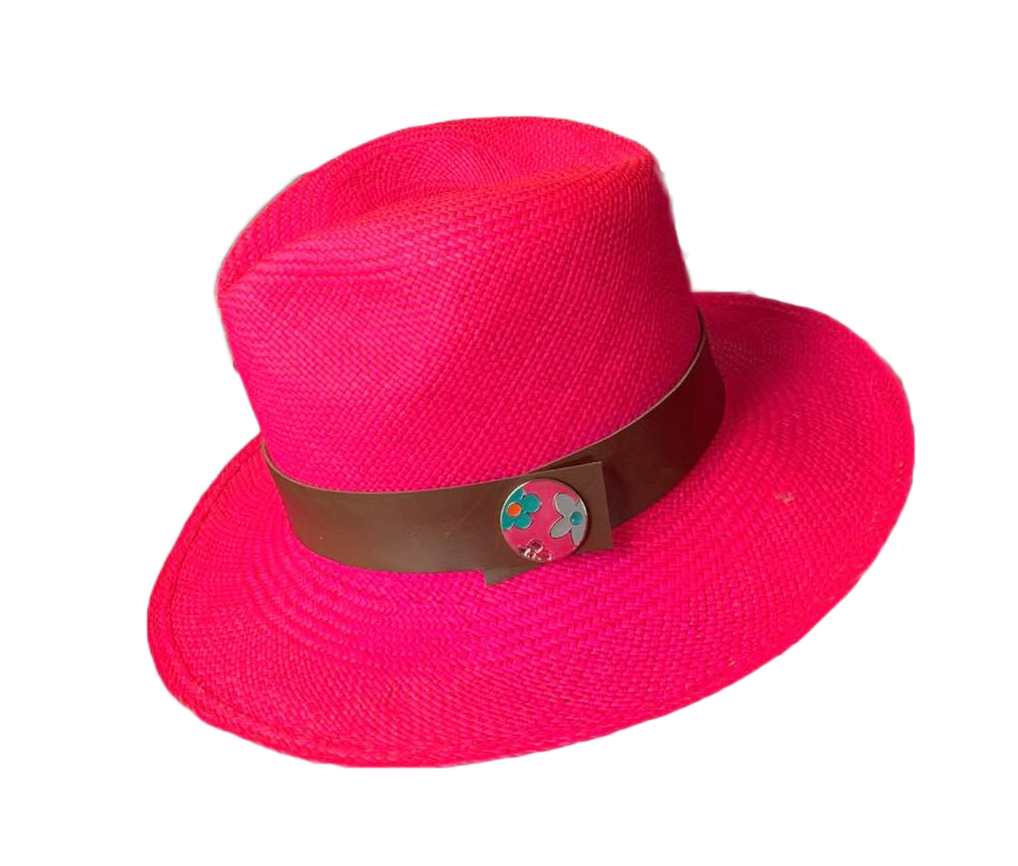Panama Hat & Leather strap Fuchsia